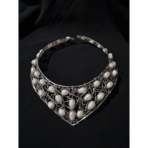 Sterling Silver Freshwater Pearls Artist Signed Woven Collar Necklace Mexico 925